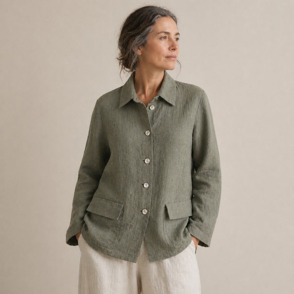 HARARI Women's Linen Jacket top Olive Green size Small Made in USA